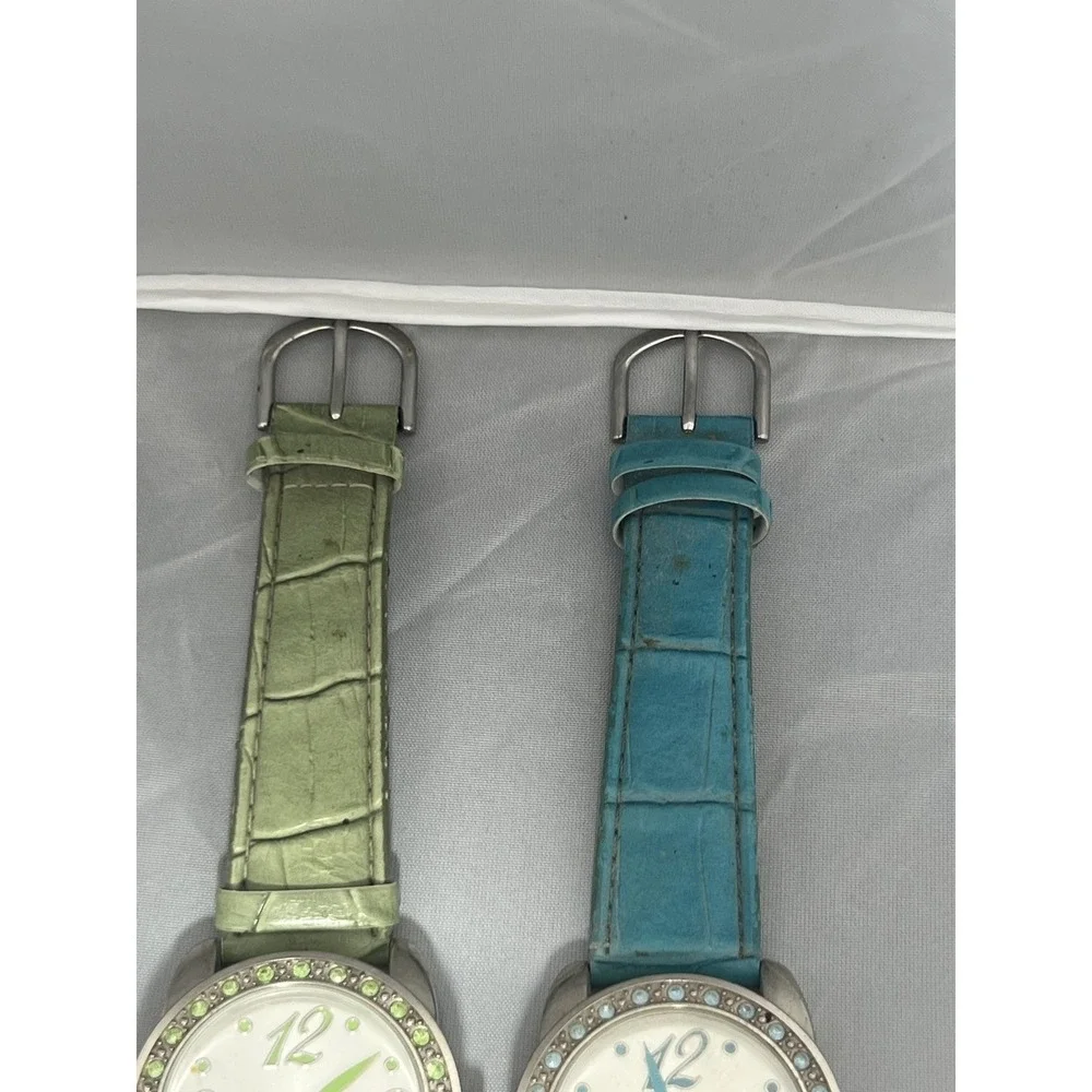 Pair of Women's Fashion Wristwatches‎ Green & Blue Bands Rhinestone Bezel